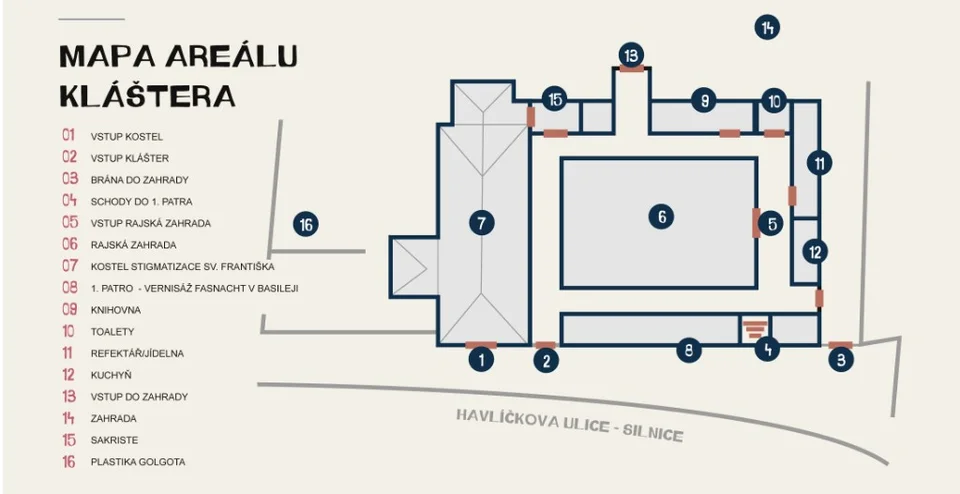 Mapa areálu kláštera Zásmuky s vyznačenými místy festivalu